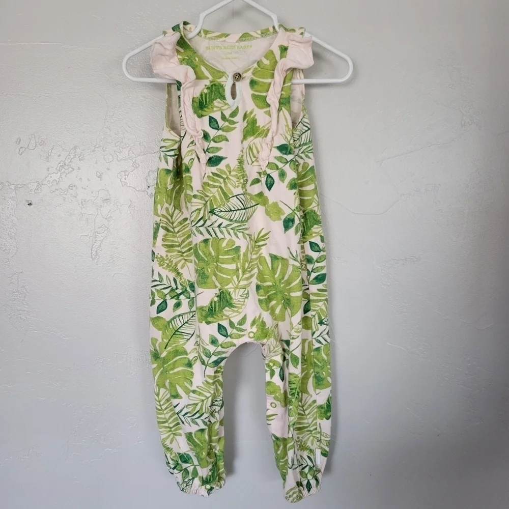 Burt's Bees Baby Girl 12 Months One Piece Jumpsuit Tropical Leaf Light Pink Tank